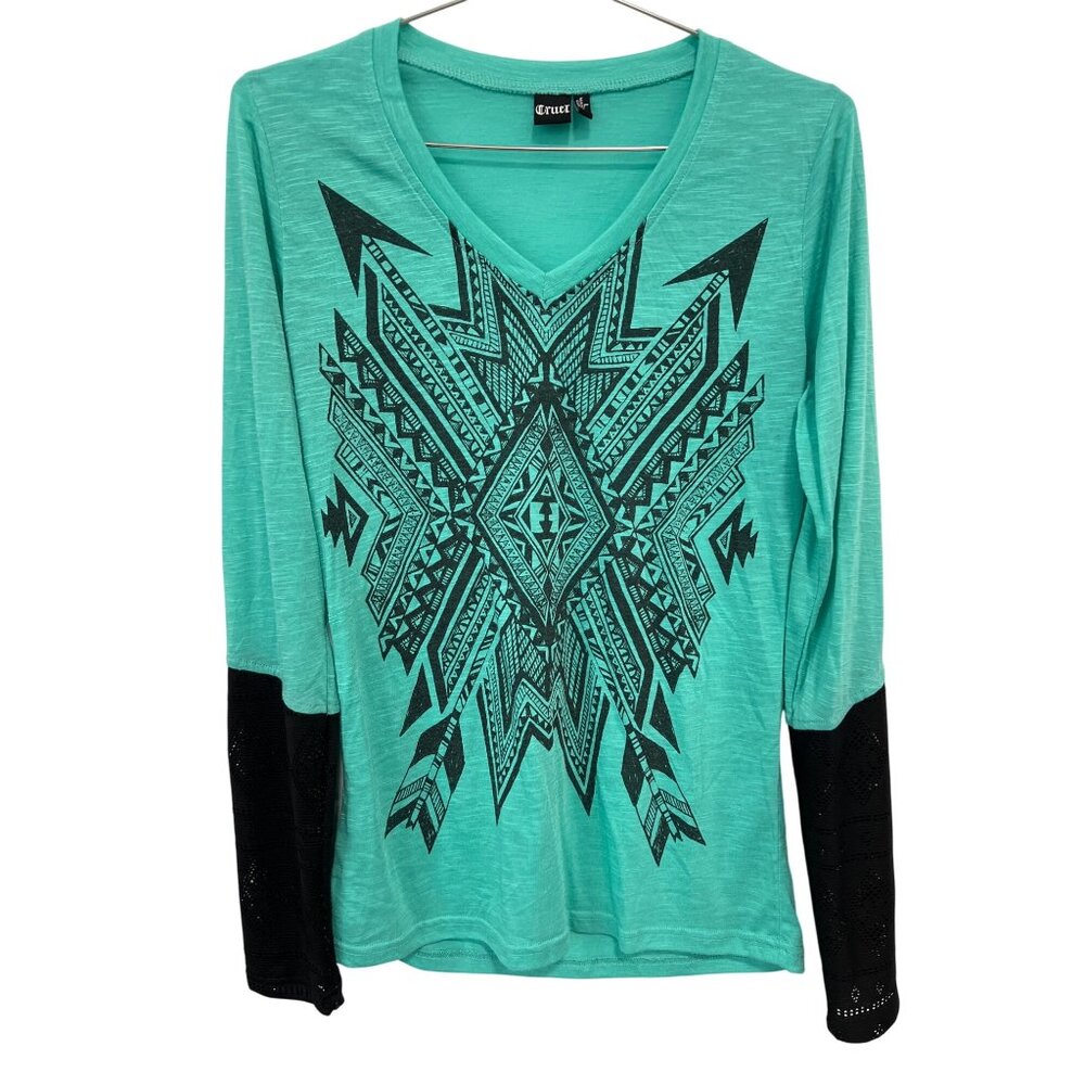 Cruel Aztec Pattern Long Sleeve Top Womens L Colorblock Lace Accents Green Black